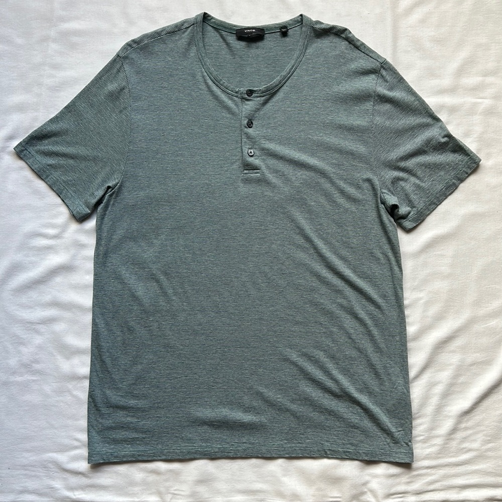 Vince Green and White Striped Modal Blend Short Sleeve Henley T-Shirt